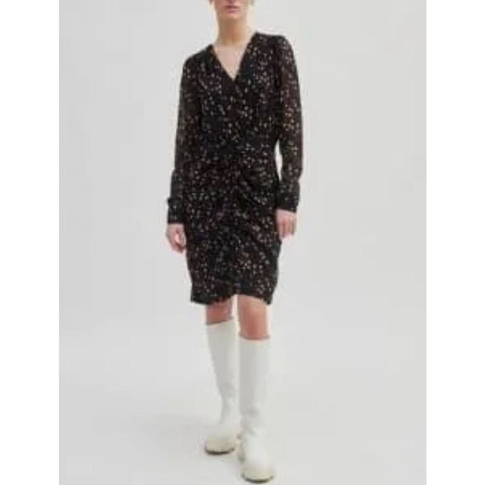 Second female black spotted long sleeve ruched fitted dress size small